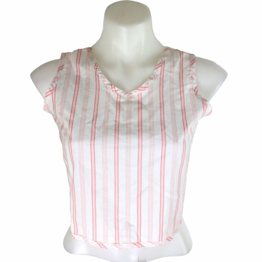Pinot Noir Sleeveless White Tan Striped Print V-Neck Crop Top Size Medium
